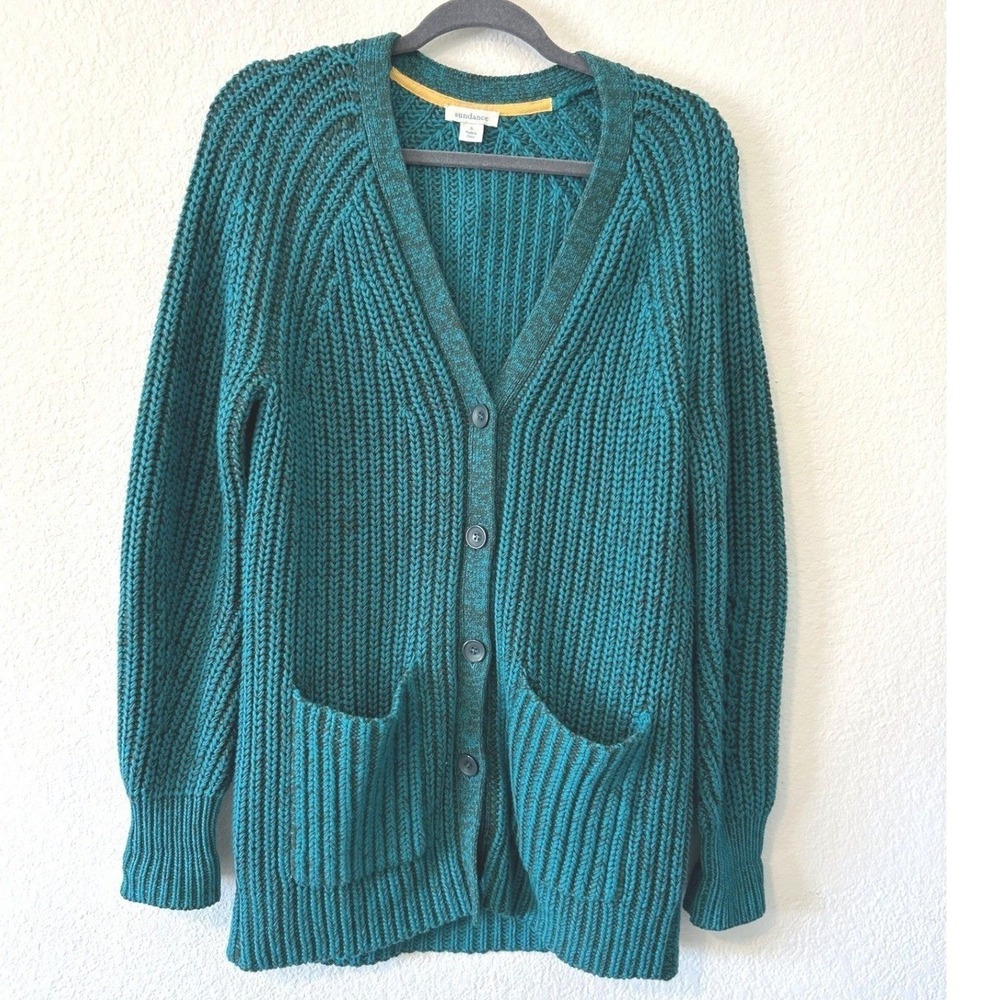 Sundance Coastal‎ Grandma Teal Green Chunky Ribbed Knit Cardigan Sweater SZ SM